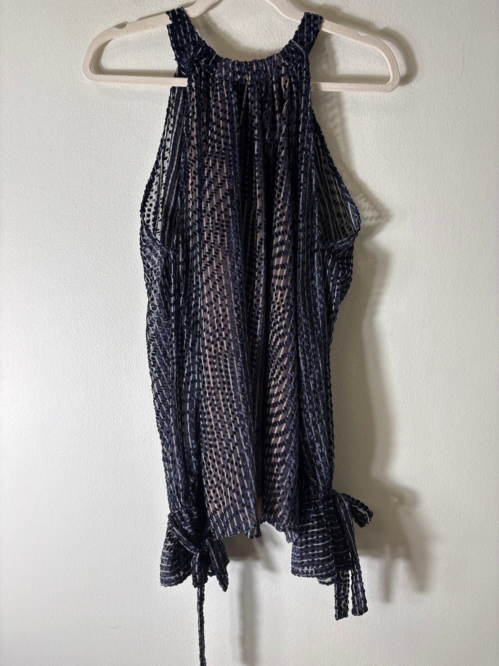 BCBG Navy Sheer Dot Overlay Cold Shoulder Blouse Sz M